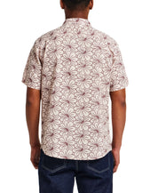 Back view of 100% Cotton Linen-Texture Shirt in Rose Brown featuring floral pattern, short sleeves and button detail.