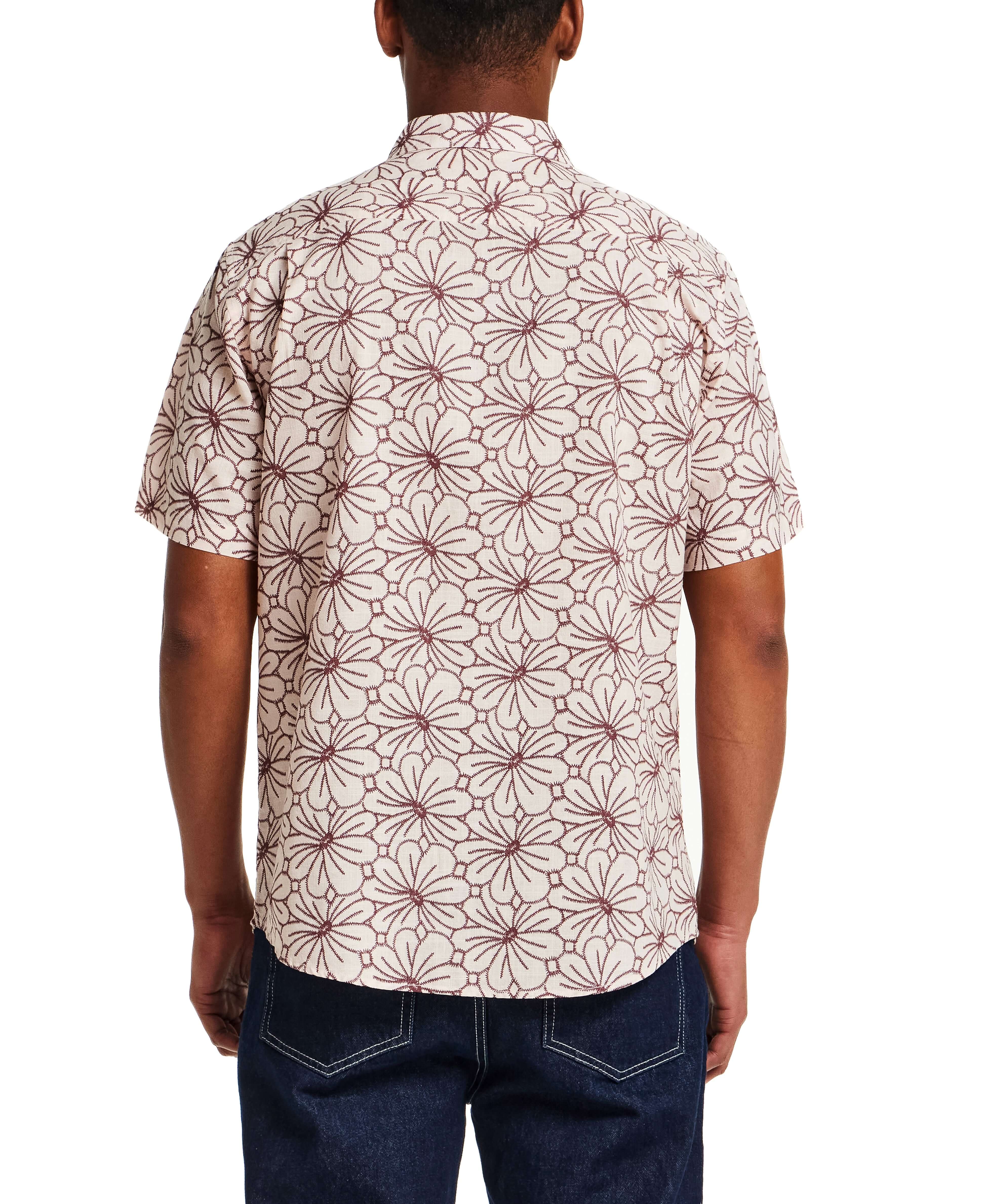 Back view of 100% Cotton Linen-Texture Shirt in Rose Brown featuring floral pattern, short sleeves and button detail.