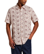 100% Cotton Linen-Texture Shirt in Rose Brown featuring a floral pattern, short sleeves, and button front, worn by a model.