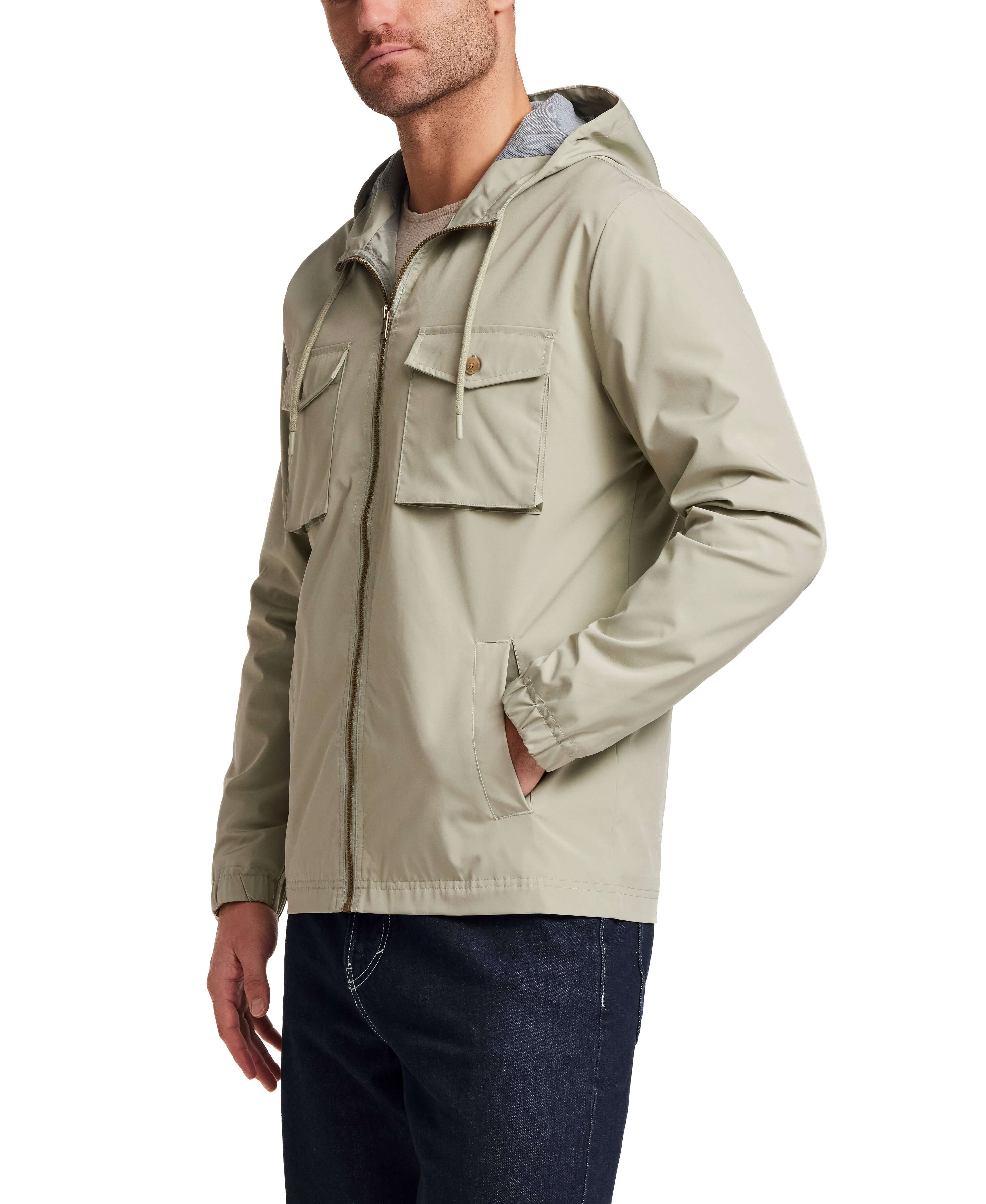 Poly Memory Safari Jacket with Hood in Sea Grass worn by model, featuring a hood and front pockets.