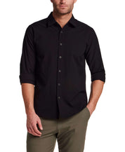 Seersucker Shirt in Black, 100% cotton with button-front closure, featuring lightweight structure and textured fabric.