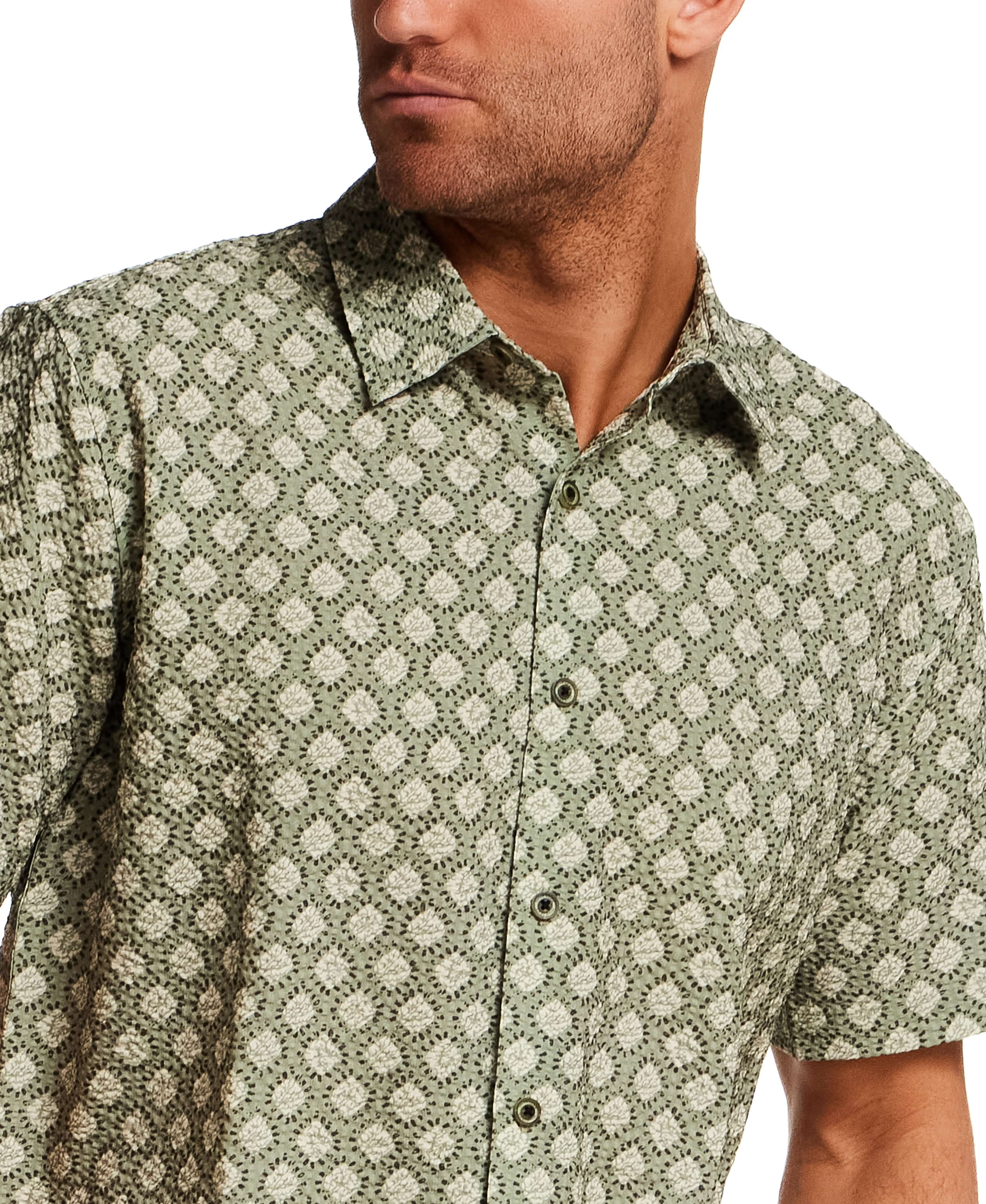 The Medallion Print Seersucker Shirt in Green featuring a subtle medallion pattern and structured collar.