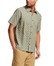The Medallion Print Seersucker Shirt in Green featuring a refined medallion print and seersucker texture.