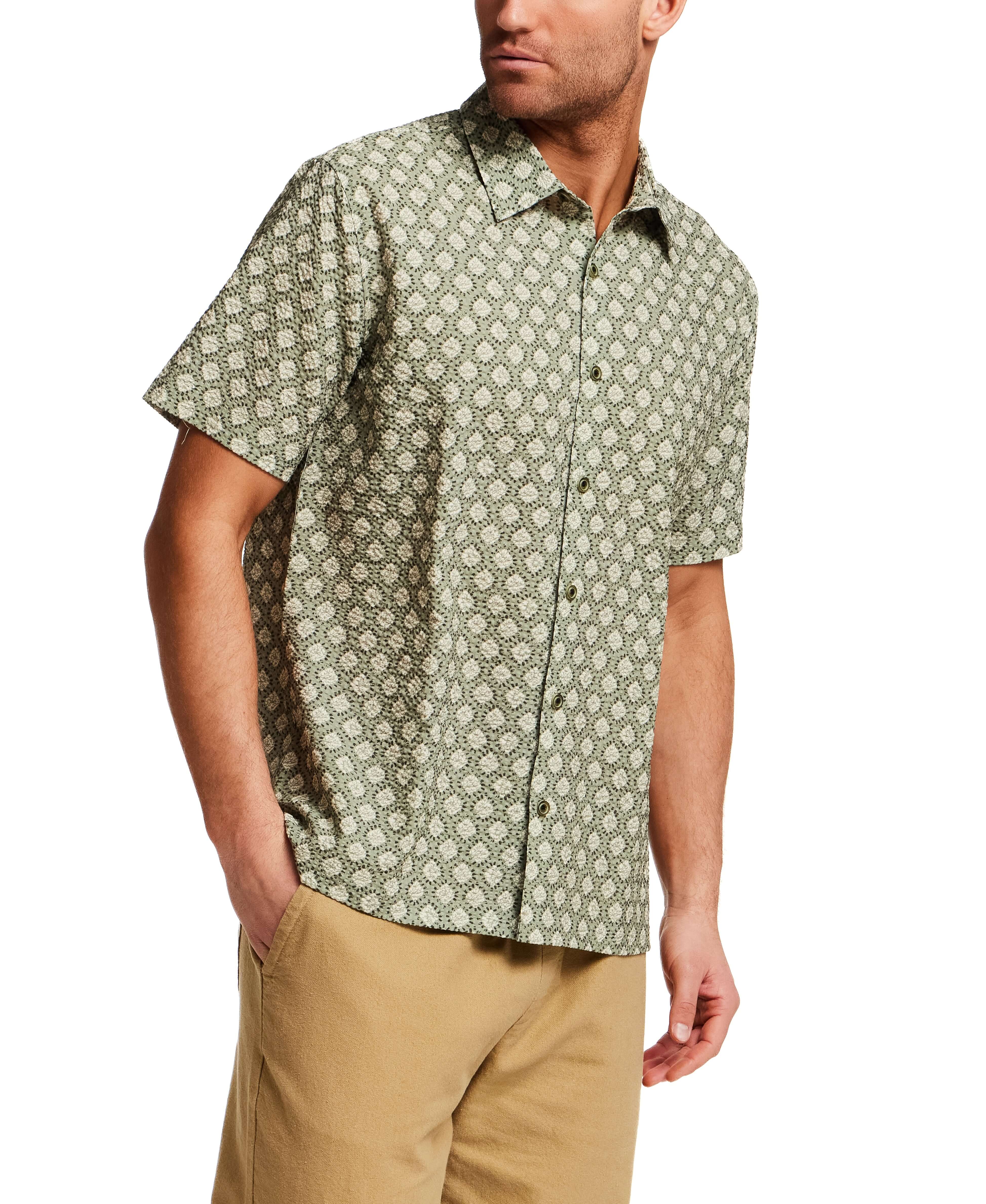 The Medallion Print Seersucker Shirt in Green featuring a refined medallion print and seersucker texture.