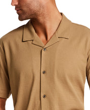 Seersucker Coatfront Knit in Khaki, featuring structured collar and button-front closure for a polished look.