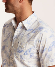 Short Sleeve Seersucker Stripe in English Manor displayed in a lightweight cotton shirt with an allover print.