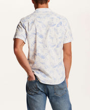 Short Sleeve Seersucker Stripe in English Manor back view on model wearing jeans.