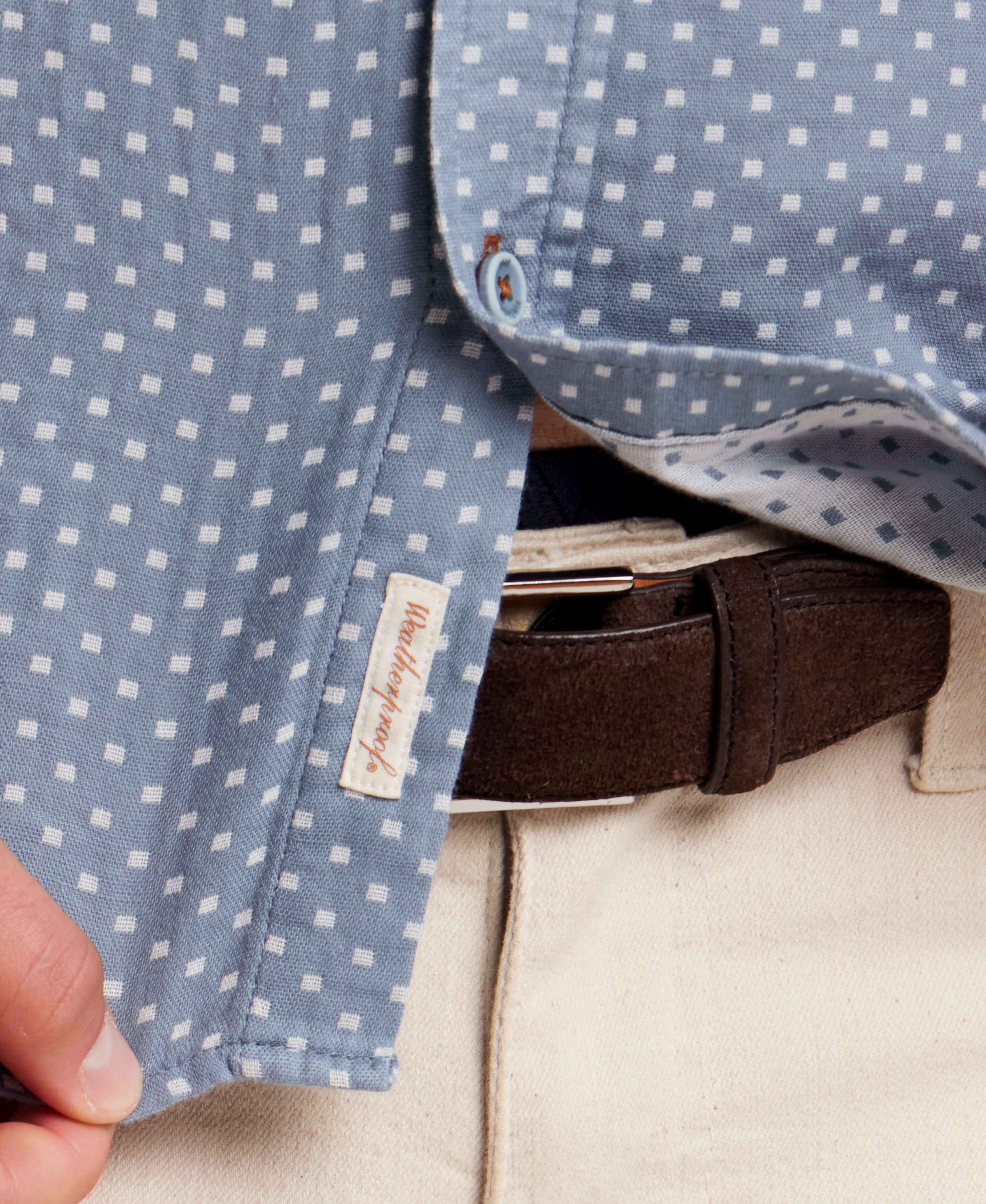 Close-up of Double Layer Dobby Short Sleeve Shirt in Dusty Blue, showcasing textured fabric and label detail.