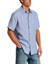 Short Sleeve Linen Shirt in Infinity Blue displayed on a model, featuring a classic fit and a spread collar.