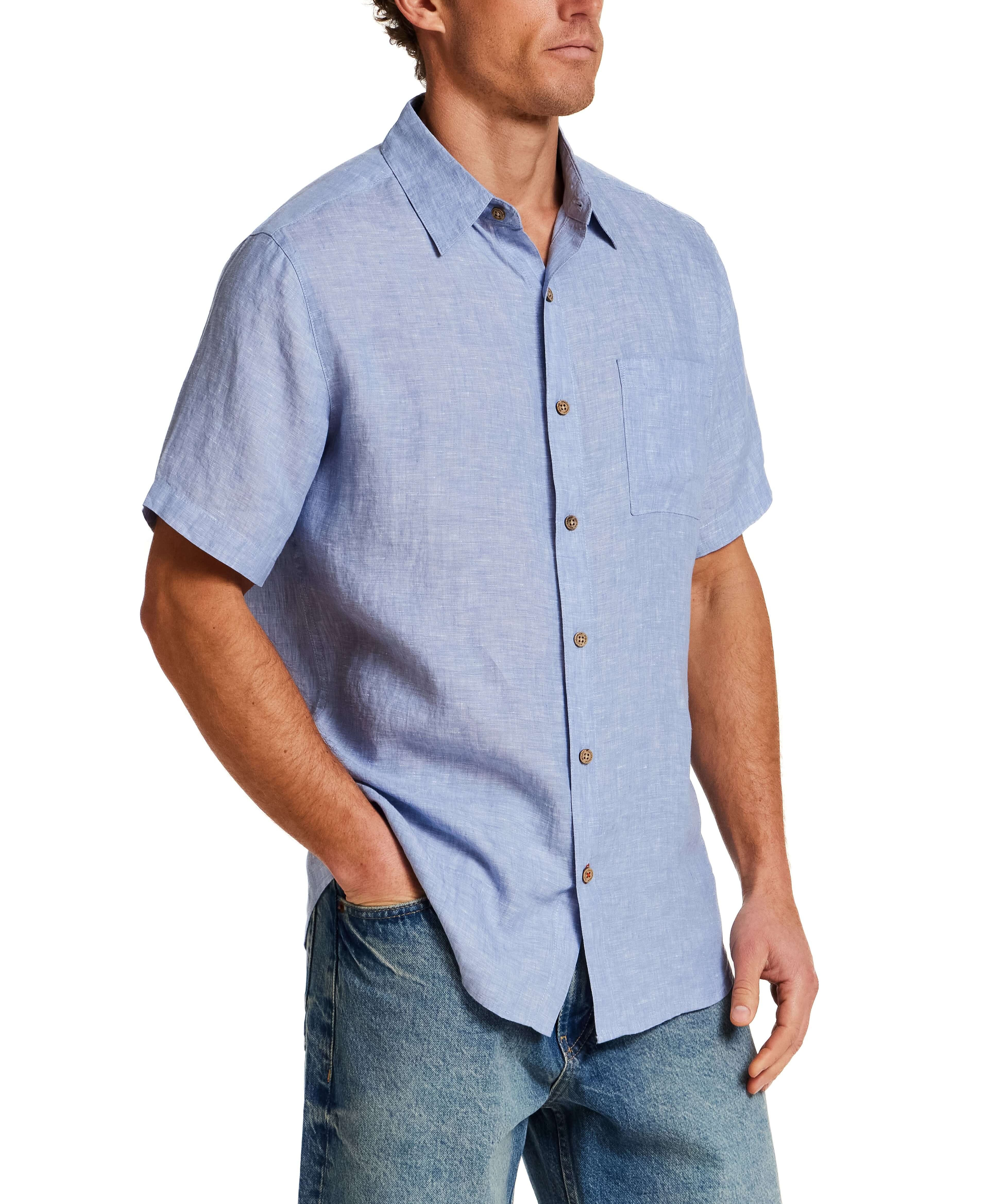 Short Sleeve Linen Shirt in Infinity Blue displayed on a model, featuring a classic fit and a spread collar.
