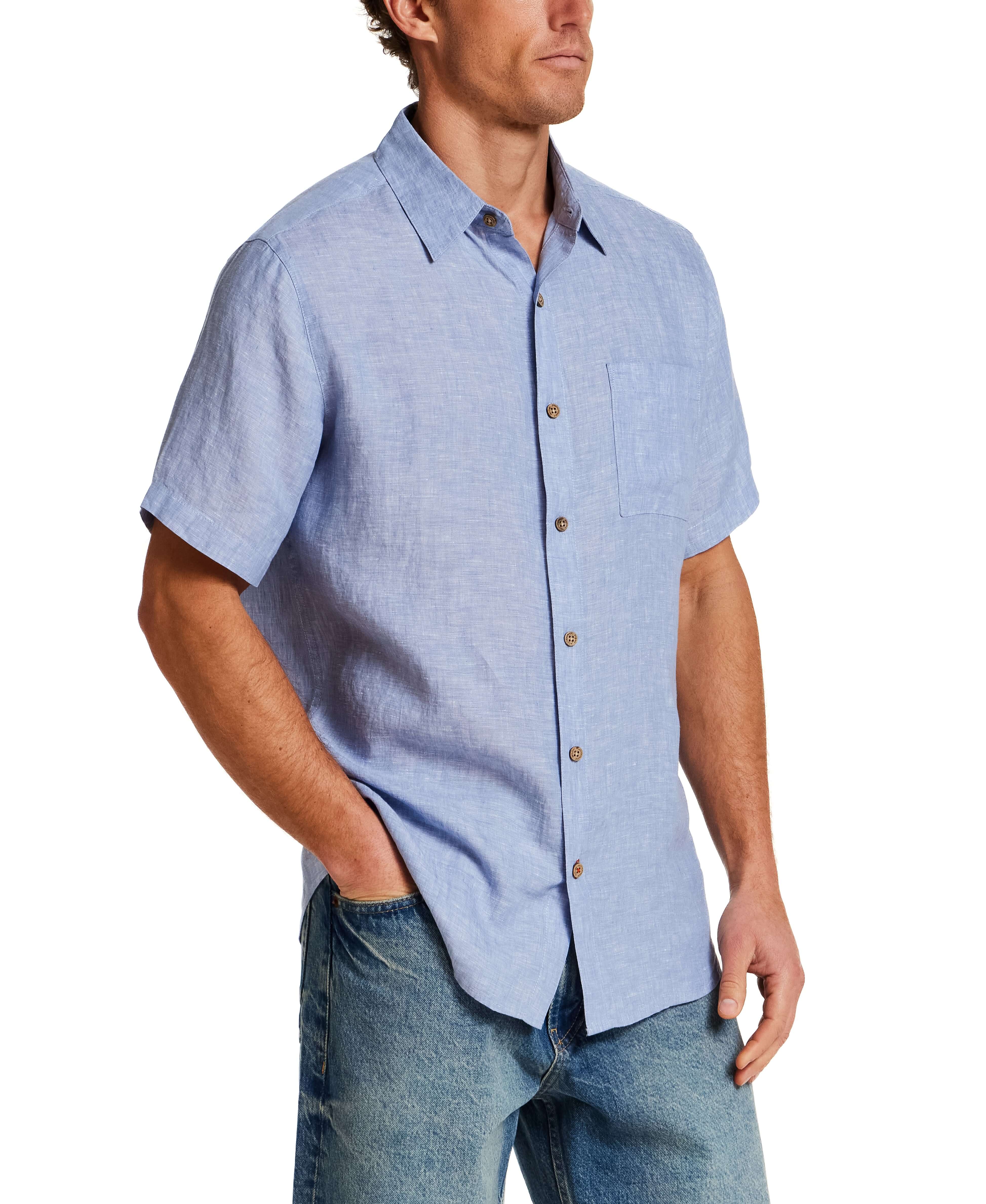 Short Sleeve Linen Shirt in Infinity Blue displayed on a model, featuring a classic fit and a spread collar.