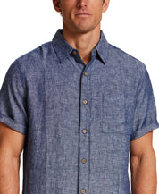 Short Sleeve Linen Shirt in Navy featuring short sleeves, collar, and button closure.