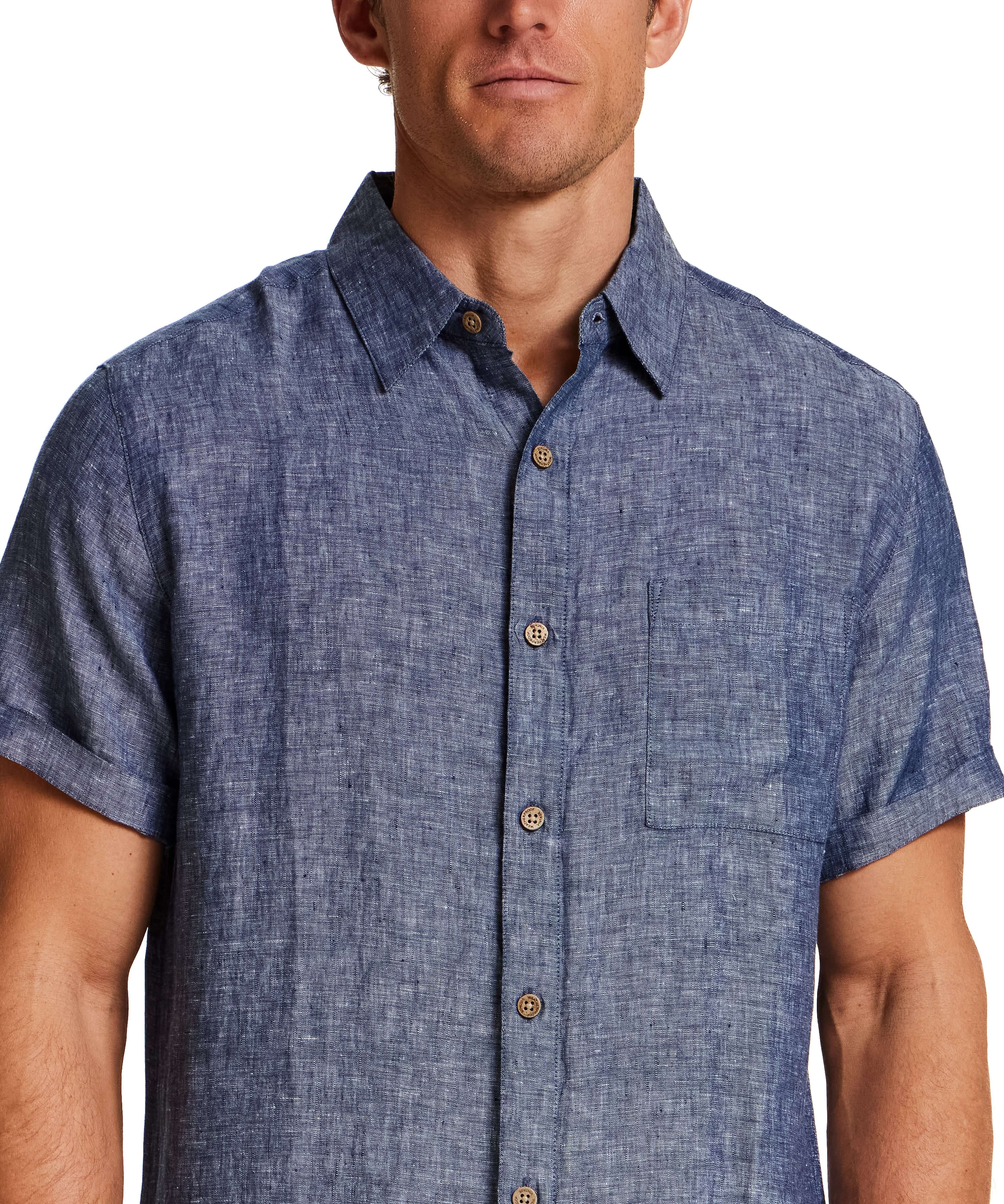 Short Sleeve Linen Shirt in Navy featuring short sleeves, collar, and button closure.