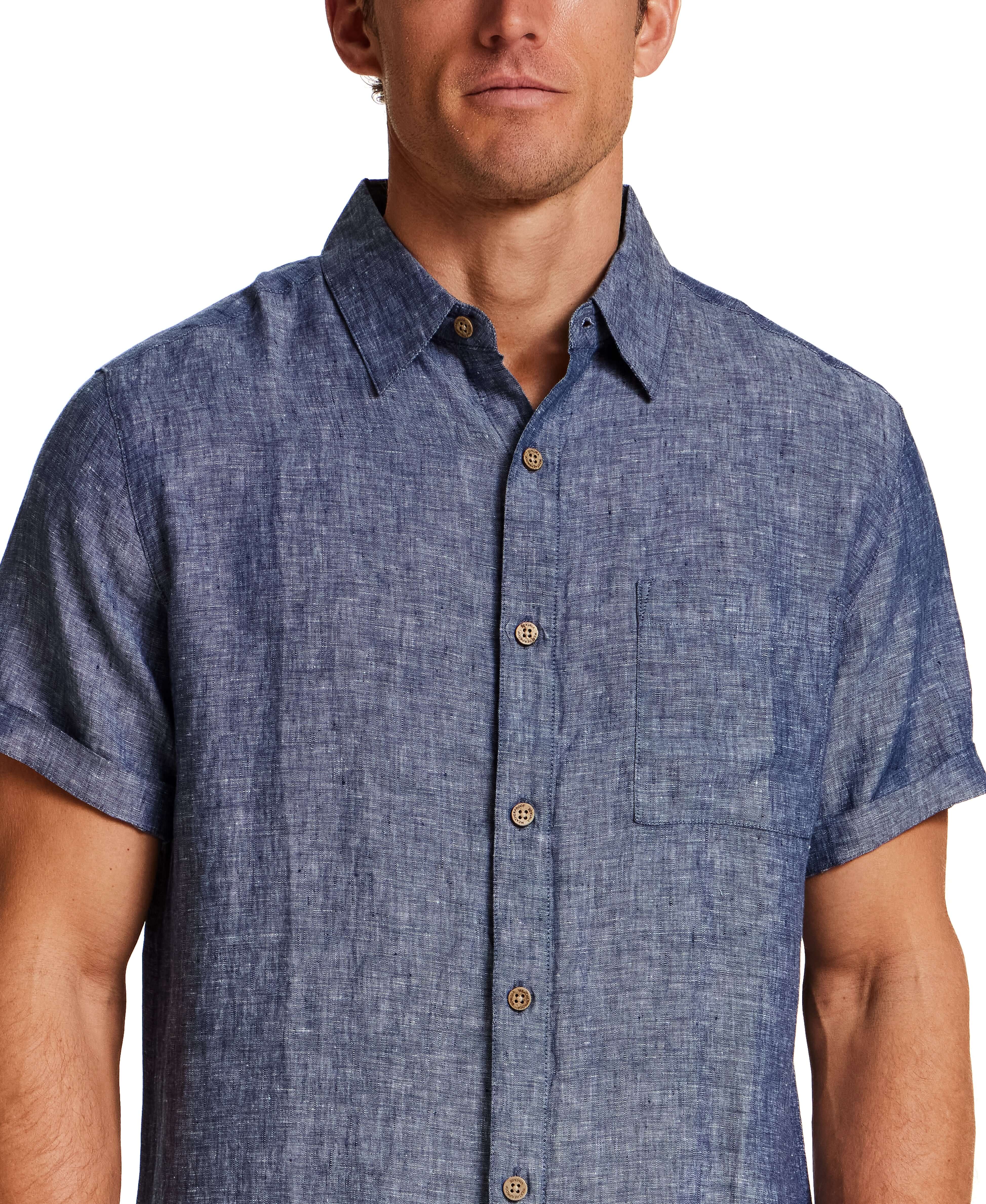 Short Sleeve Linen Shirt in Navy featuring short sleeves, collar, and button closure.