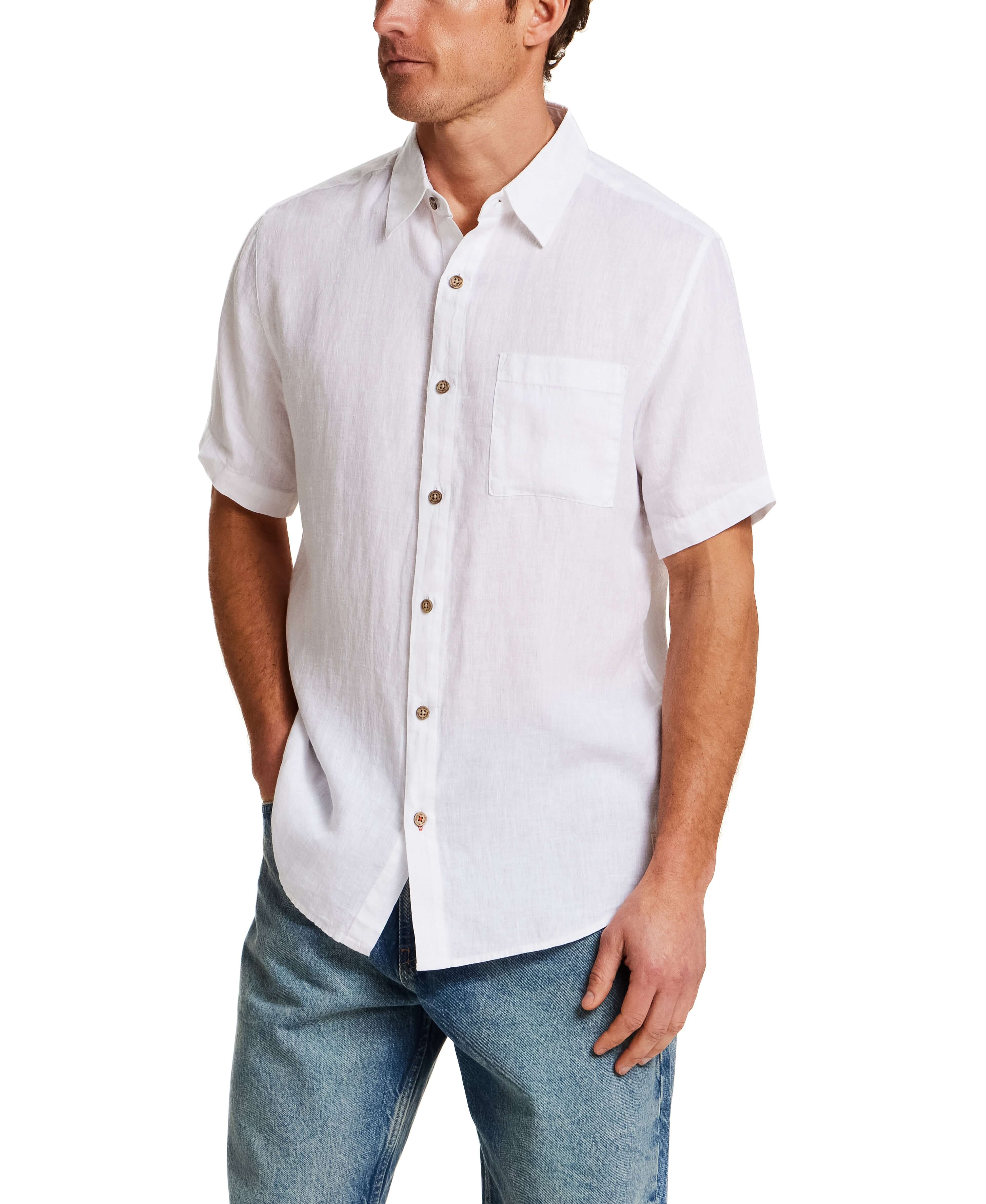 Short Sleeve Linen Shirt in White on a male model, showcasing a standard fit, collar, and chest pocket.