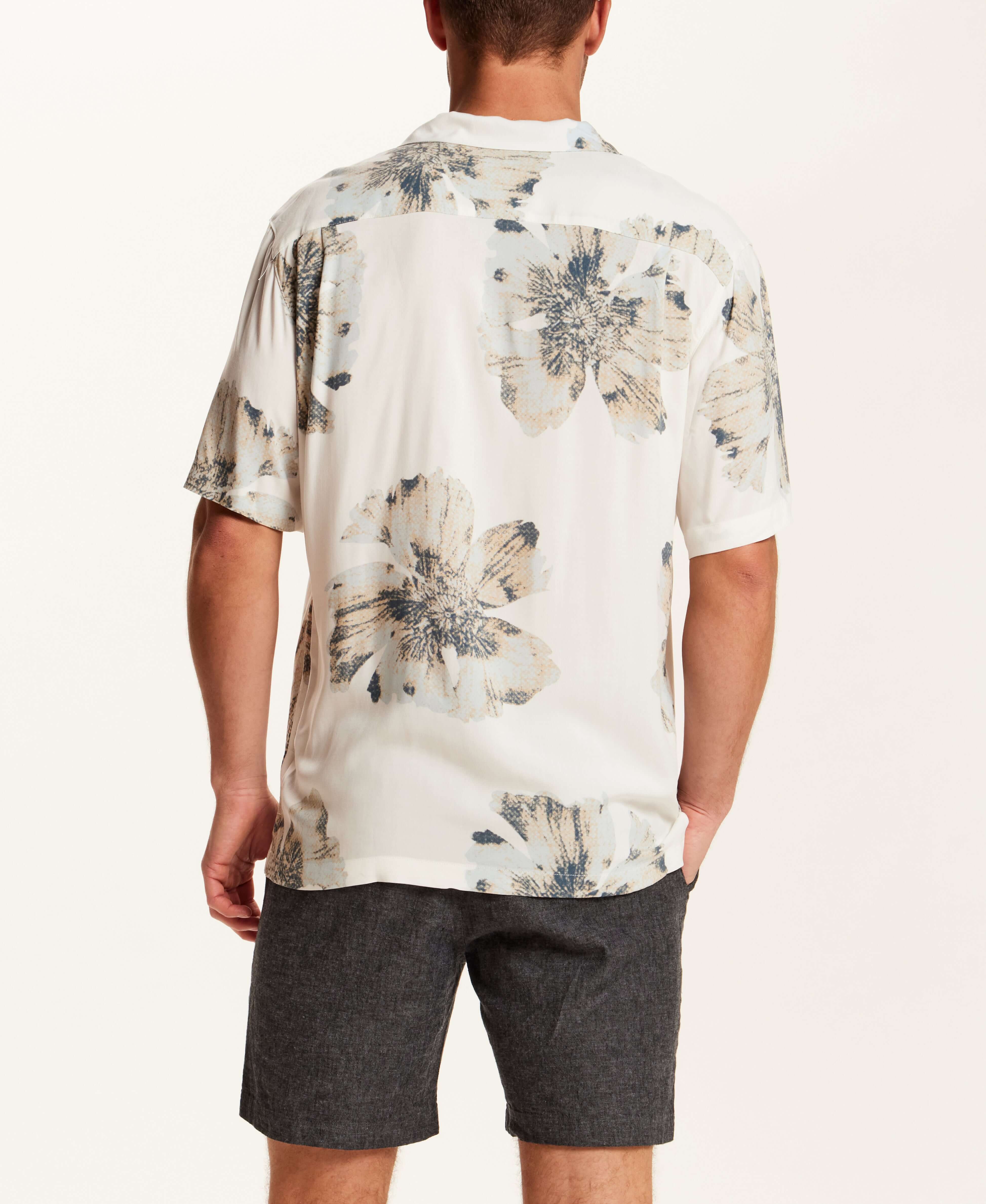 Short Sleeve Rayon Printed Camp Shirt in Putty featuring a retro floral pattern and relaxed fit.