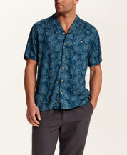 Short Sleeve Rayon Printed Camp Shirt in Nautical Blue
