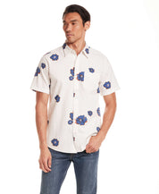 Short Sleeve Seersucker Print in Victoria Blue worn by a model, showcasing breathable cotton and allover print.
