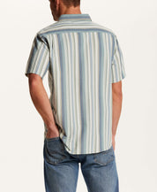 Short Sleeve Seersucker Stripe in Green Slate - View of the back featuring vertical stripes and short sleeves.