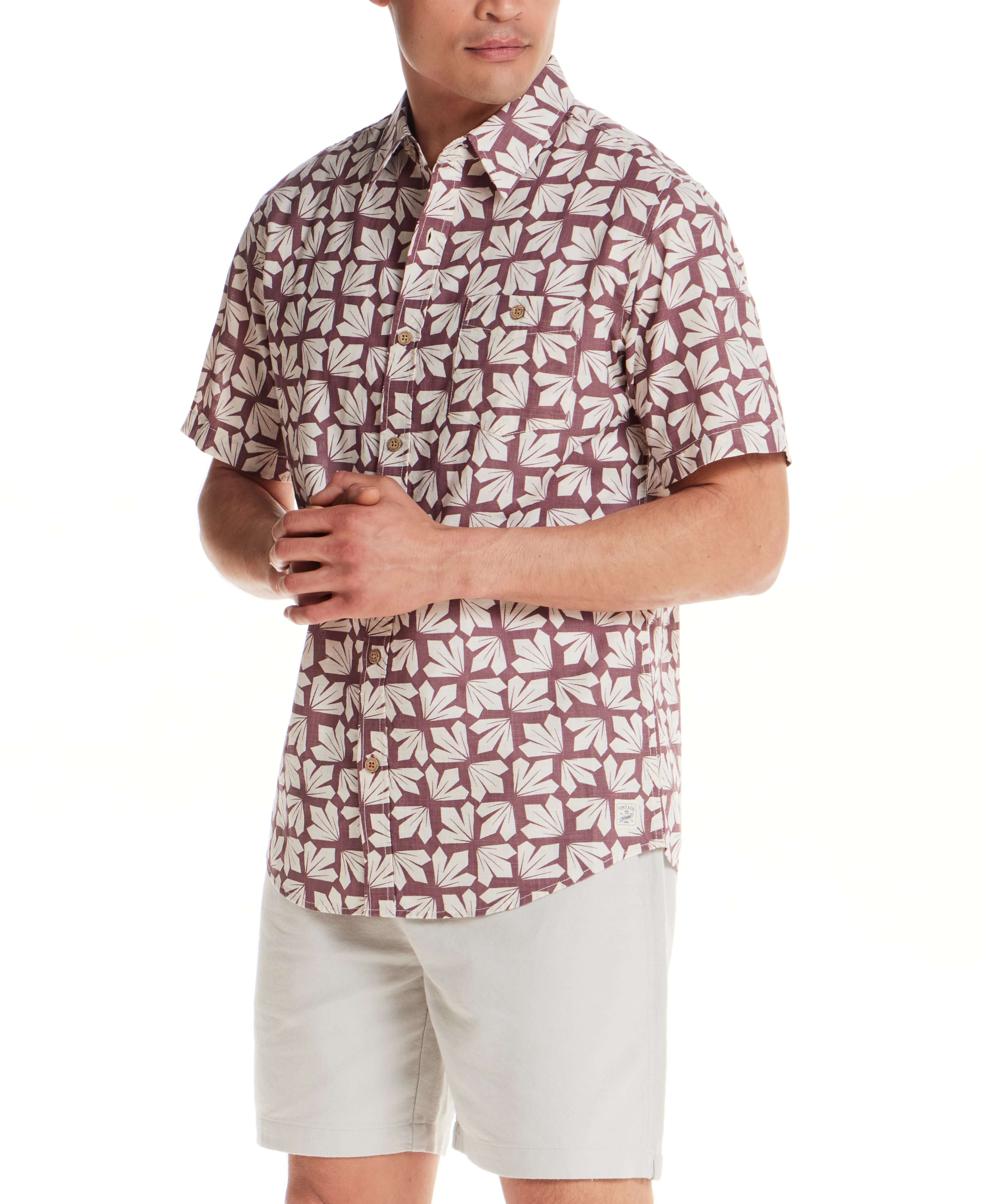 100% Cotton Linen-Texture Shirt in Deco Rose worn by a model, featuring a floral pattern and short sleeves.