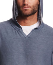 Stonewash Hooded Sweater in Insignia Blue featuring a V-neck hood and relaxed fit on model.
