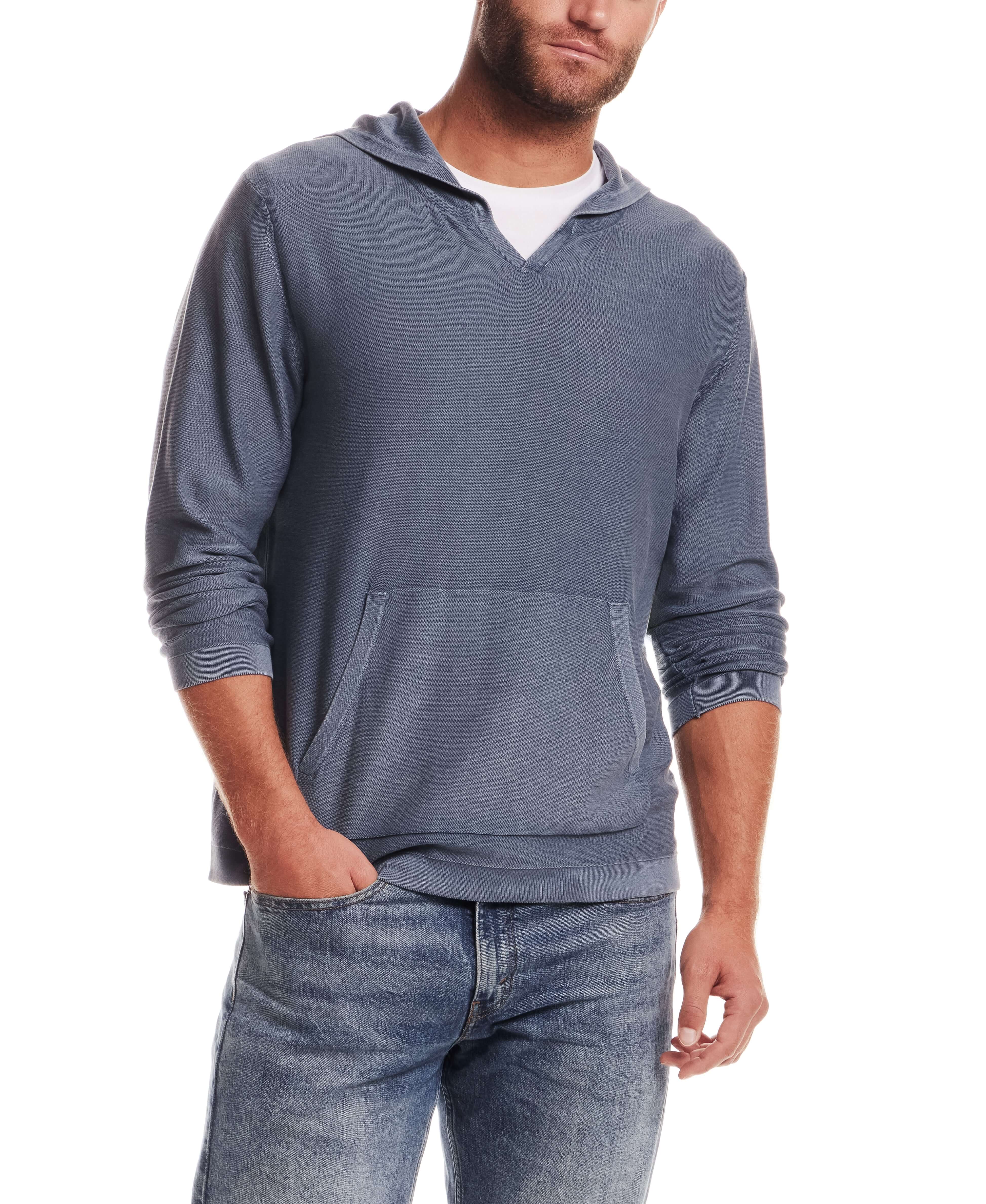 Stonewash Hooded Sweater in Insignia Blue, lightweight cotton with relaxed fit and kangaroo pocket, perfect for layering.