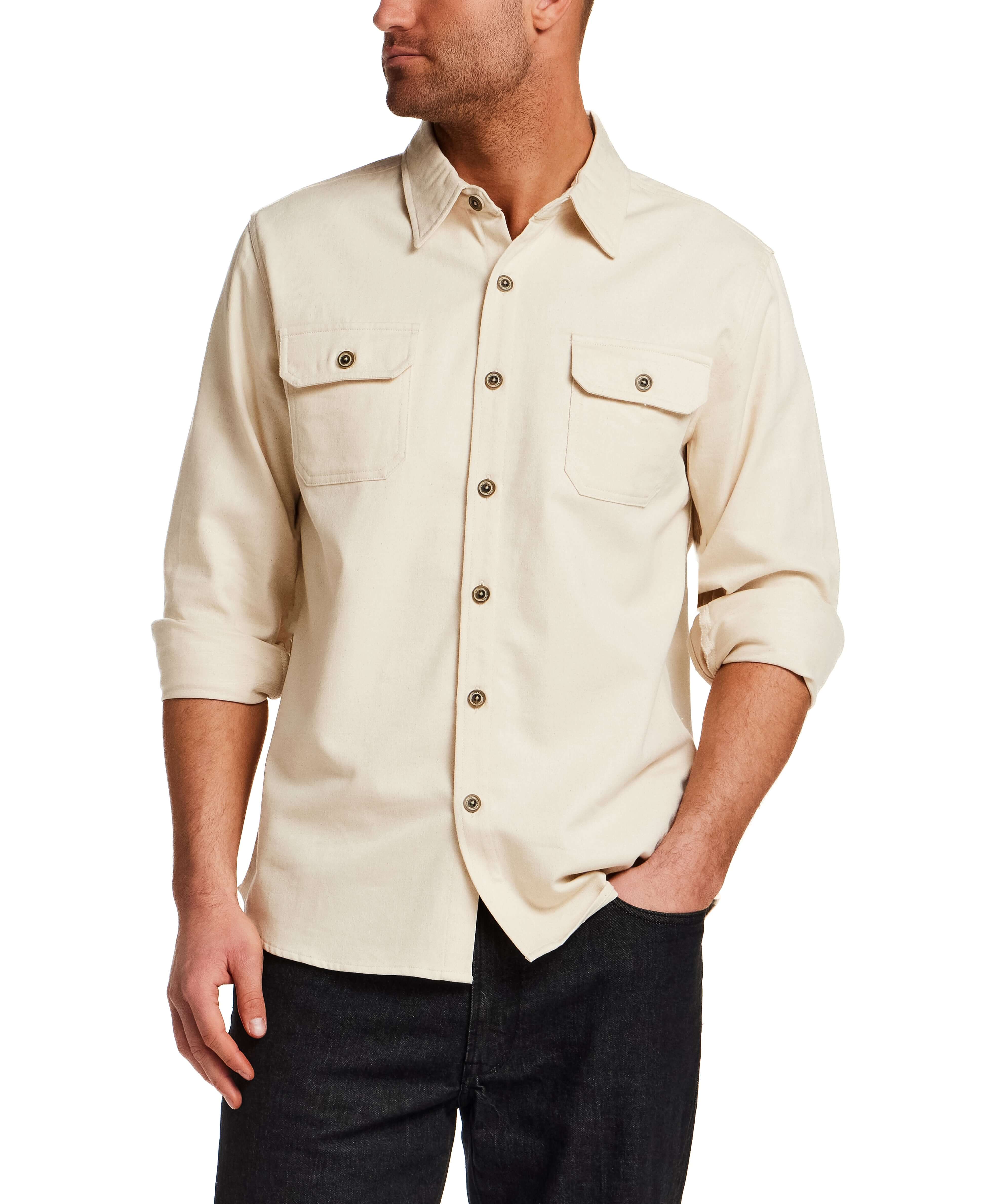 Model wearing The Utility Shirt in Natural with button front and flap chest pockets.