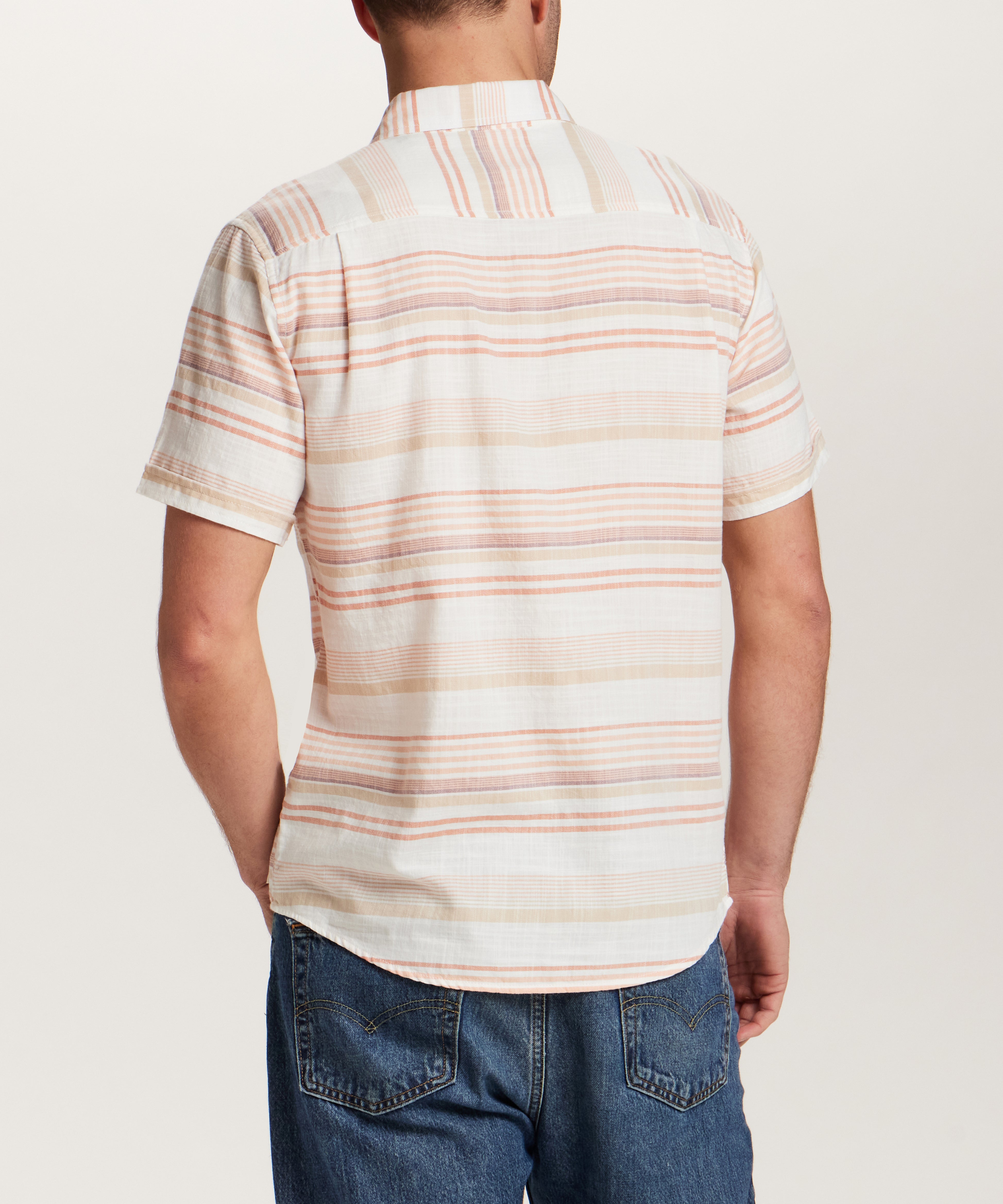 Back view of the Short Sleeve Country Twill in Ginger Spice, showcasing striped design and cuffed sleeves.