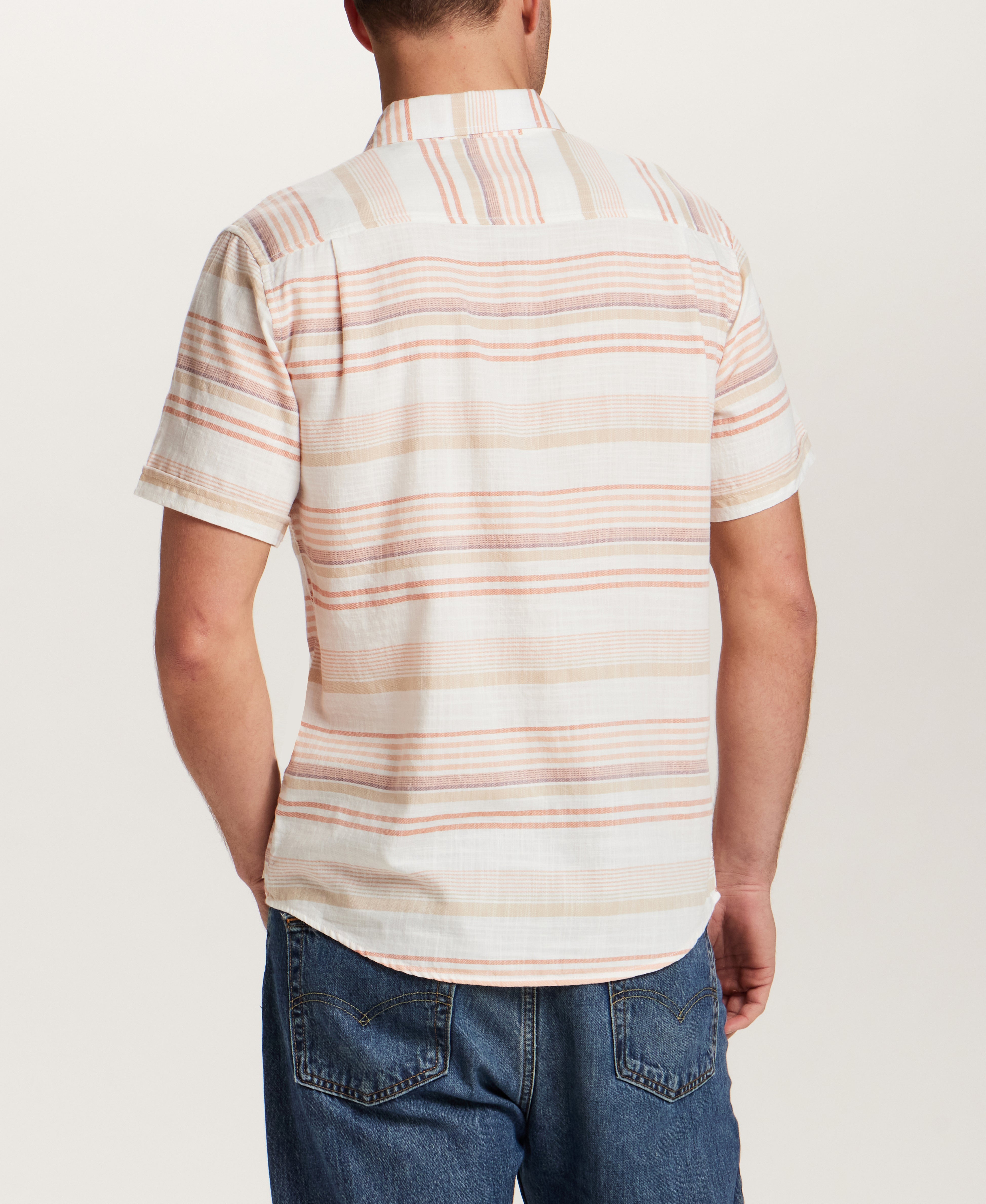 Back view of the Short Sleeve Country Twill in Ginger Spice, showcasing striped design and cuffed sleeves.