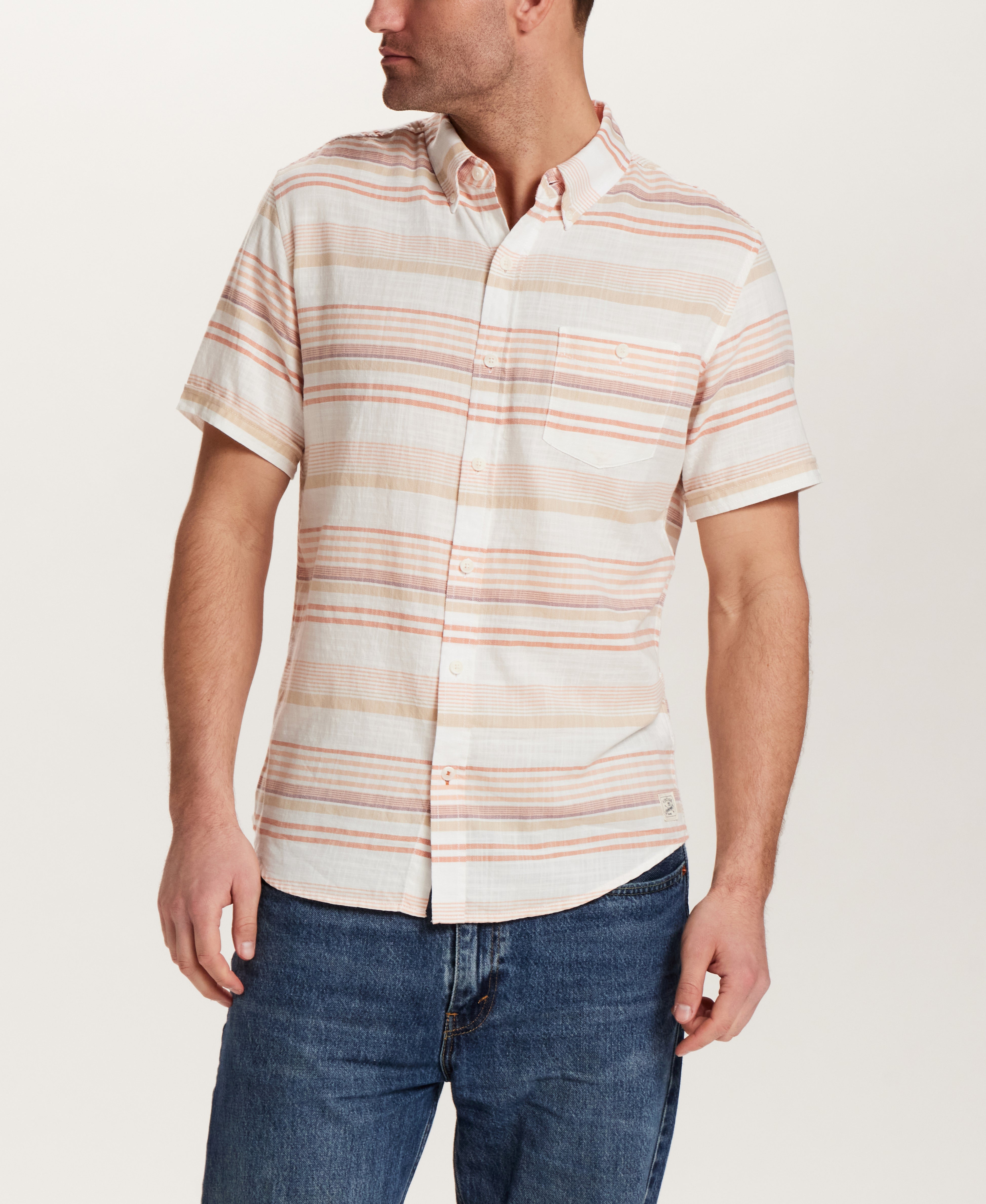Short Sleeve Country Twill in Ginger Spice shown on model, featuring cuffed sleeves and button-down collar.