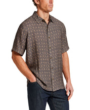 Petal Print Short-Sleeve Shirt on model with casual style, featuring button front and relaxed fit.