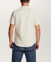 Textured Horizontal Stripe Button-Down Shirt in Turtle Dove back view, showcasing short sleeves and relaxed fit.