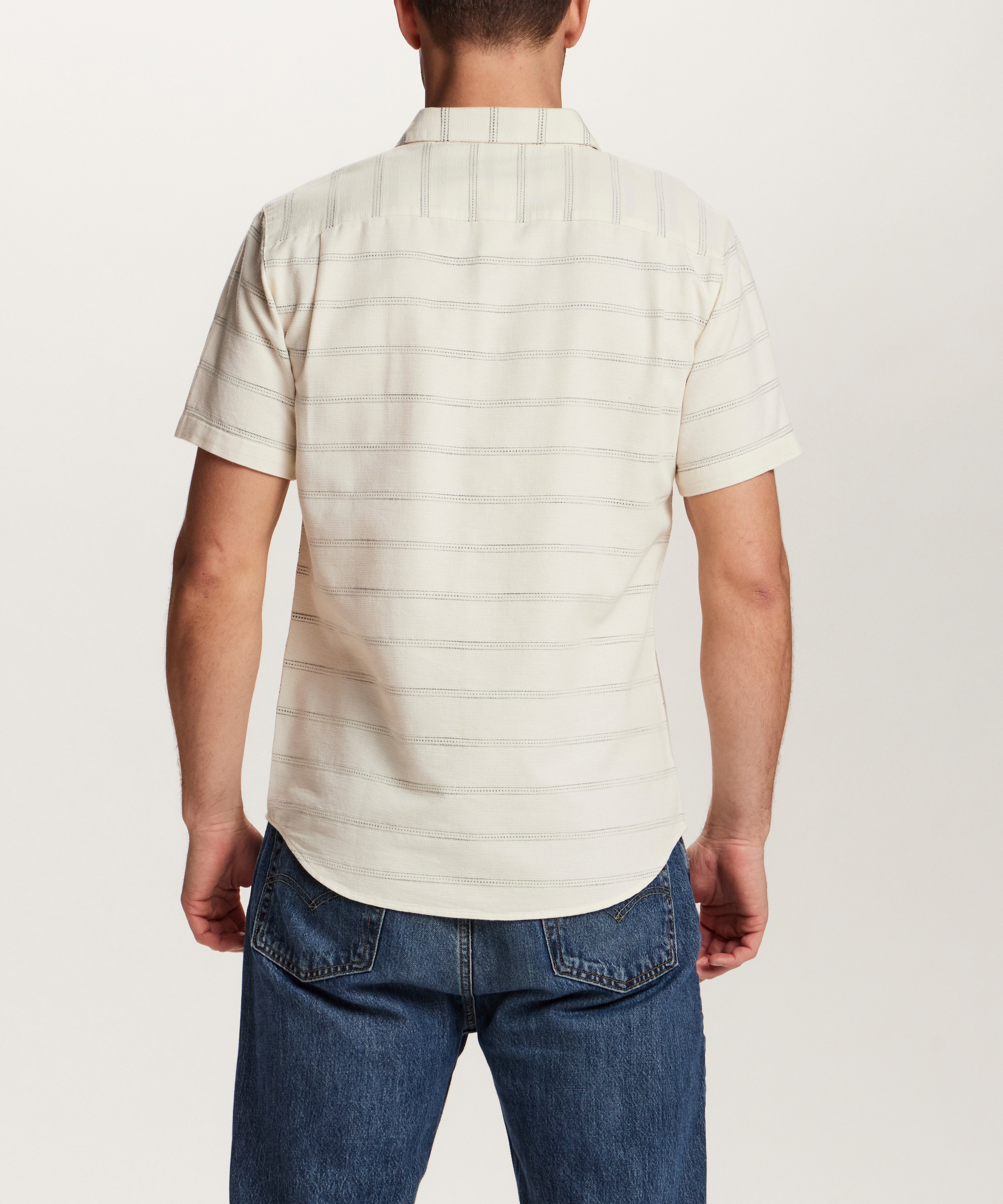 Textured Horizontal Stripe Button-Down Shirt in Turtle Dove back view, showcasing short sleeves and relaxed fit.