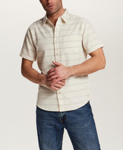 Textured Horizontal Stripe Button-Down Shirt in Turtle Dove, featuring a relaxed fit and vintage beach club style.