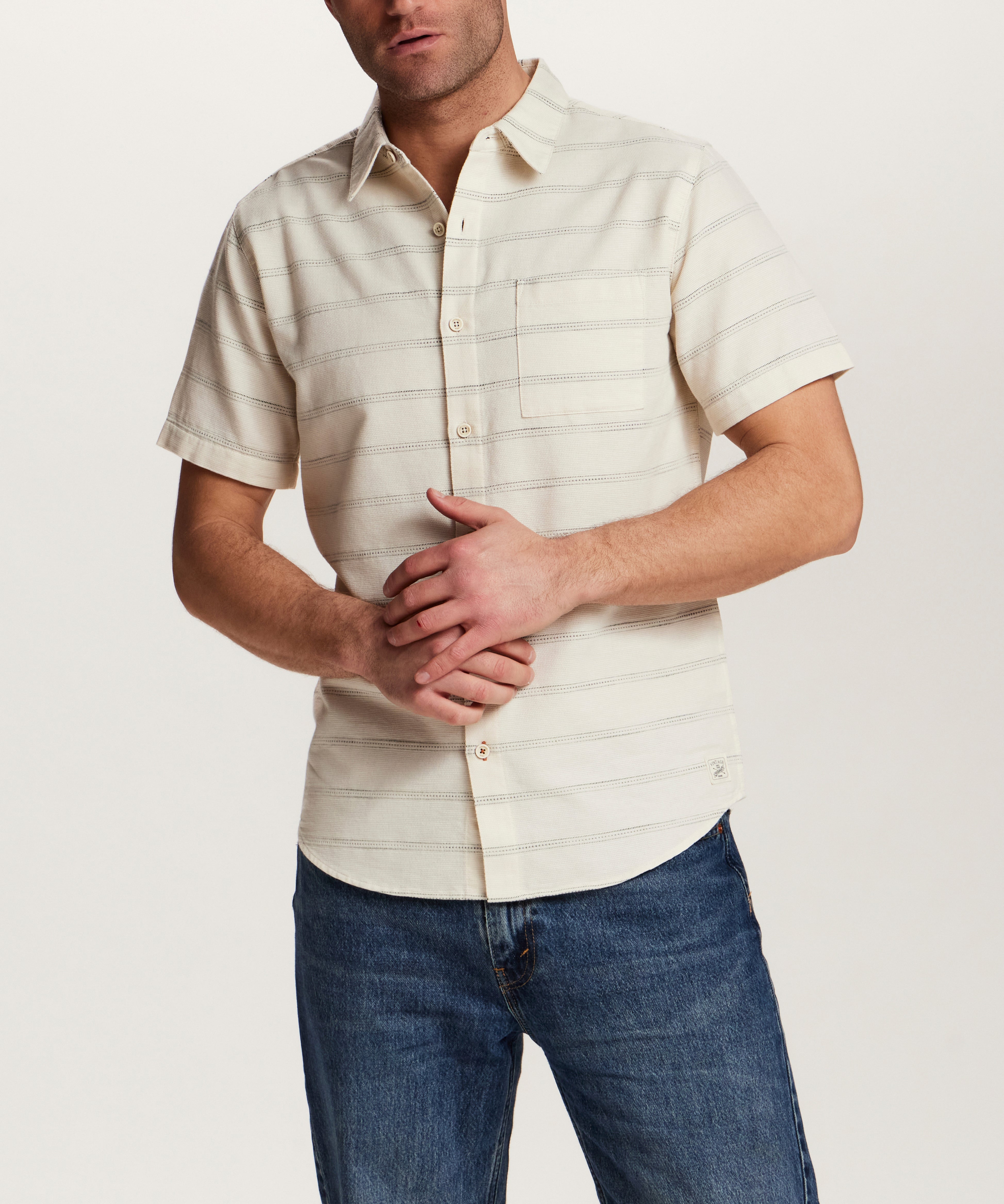 Textured Horizontal Stripe Button-Down Shirt in Turtle Dove, featuring a relaxed fit and vintage beach club style.