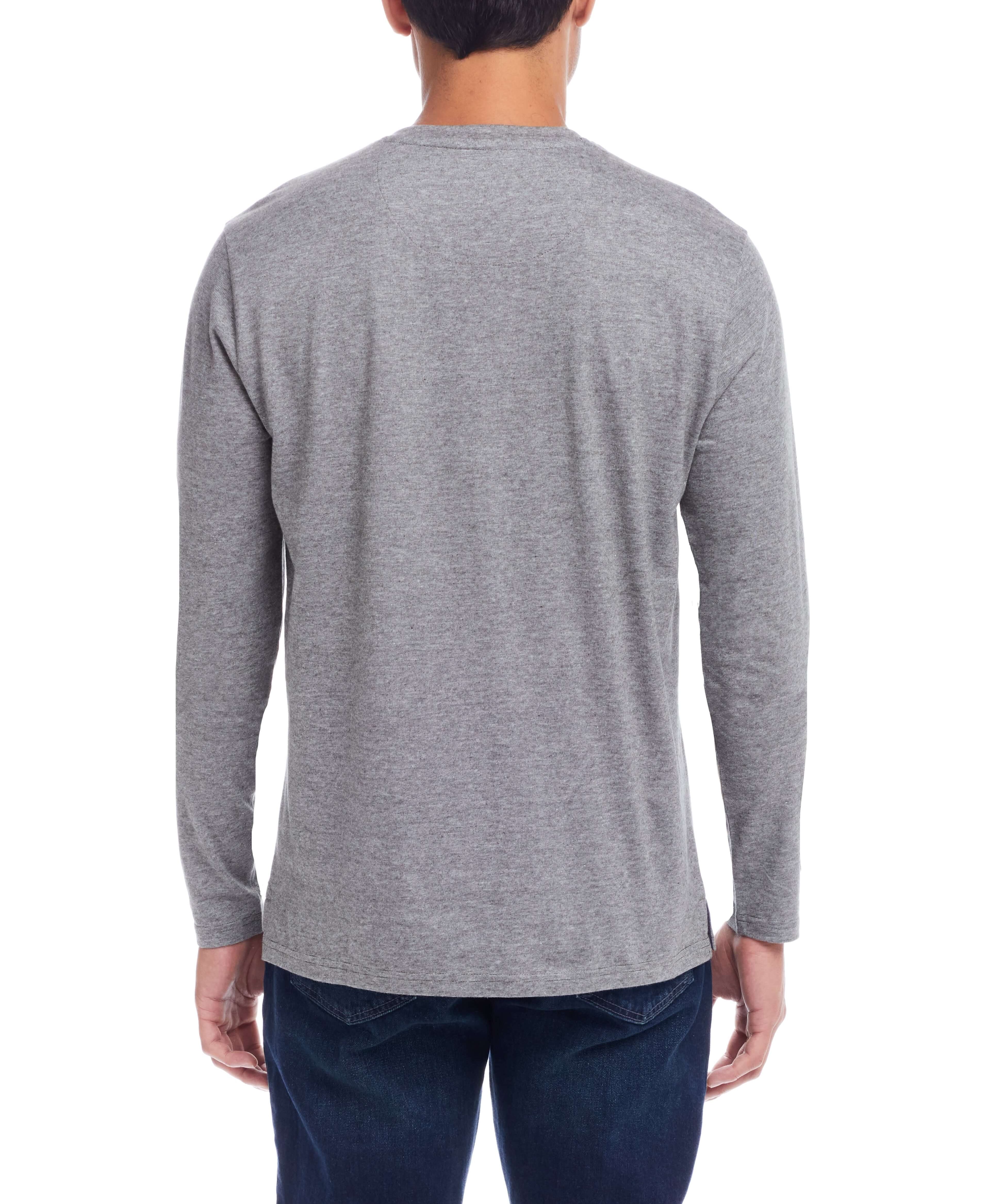Back view of a man wearing a grey Microstripe Henley, featuring long sleeves and a comfortable fit.