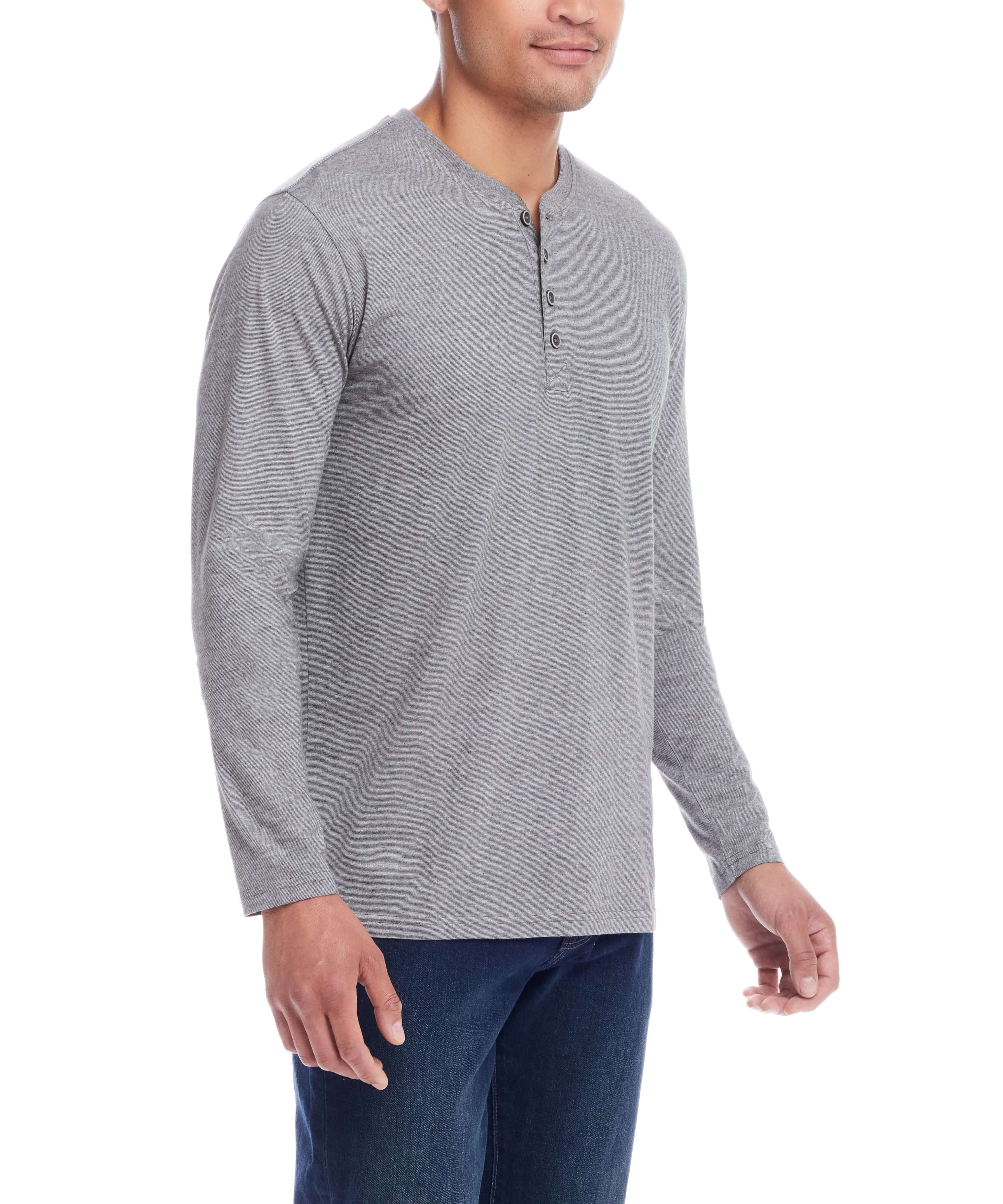 Microstripe Henley in Deep Depths, featuring side slits and vintage button details, perfect for casual style.