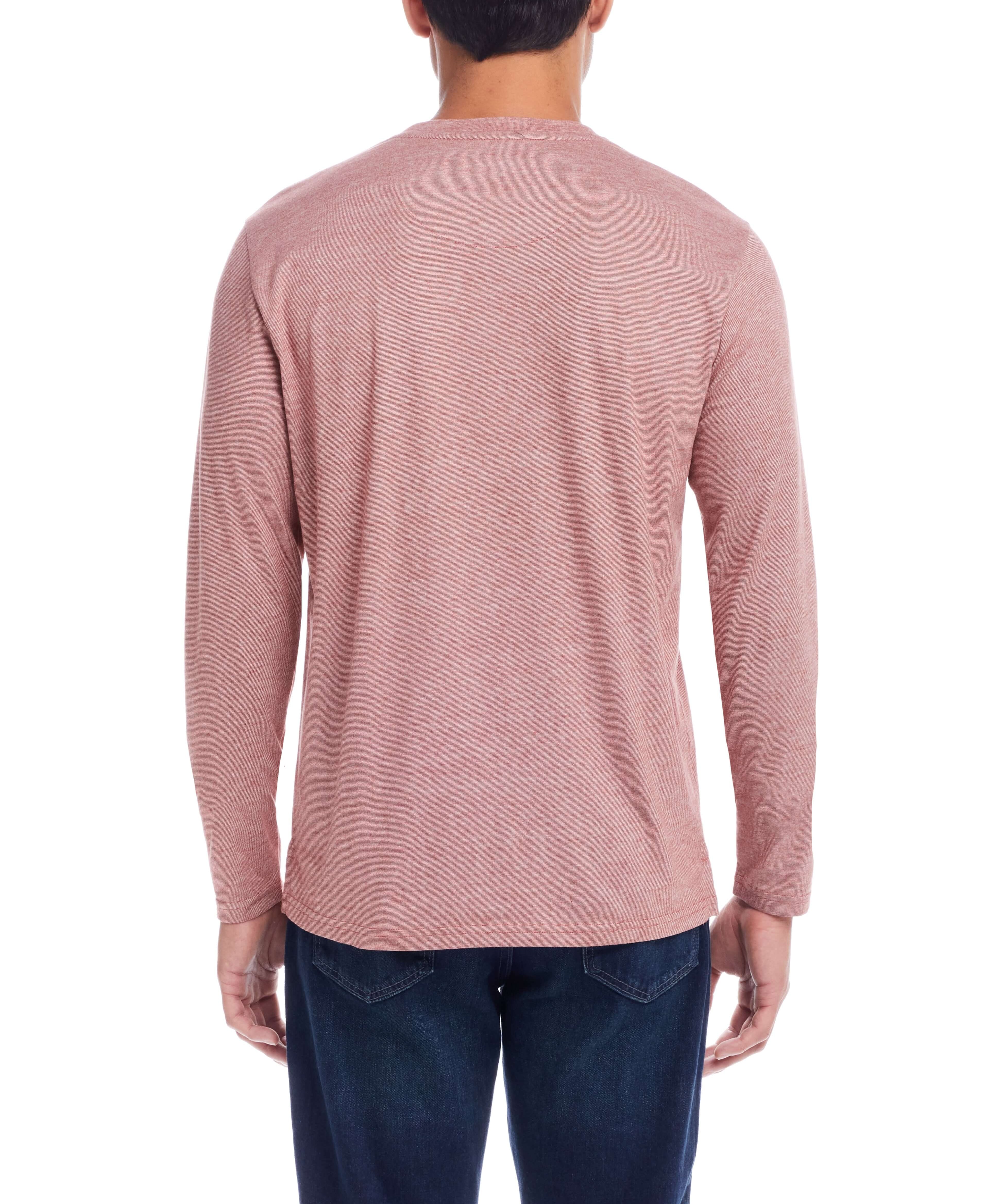 Back view of the Microstripe Henley in Roasted Russet, showcasing its fine cotton fabric and modern design.