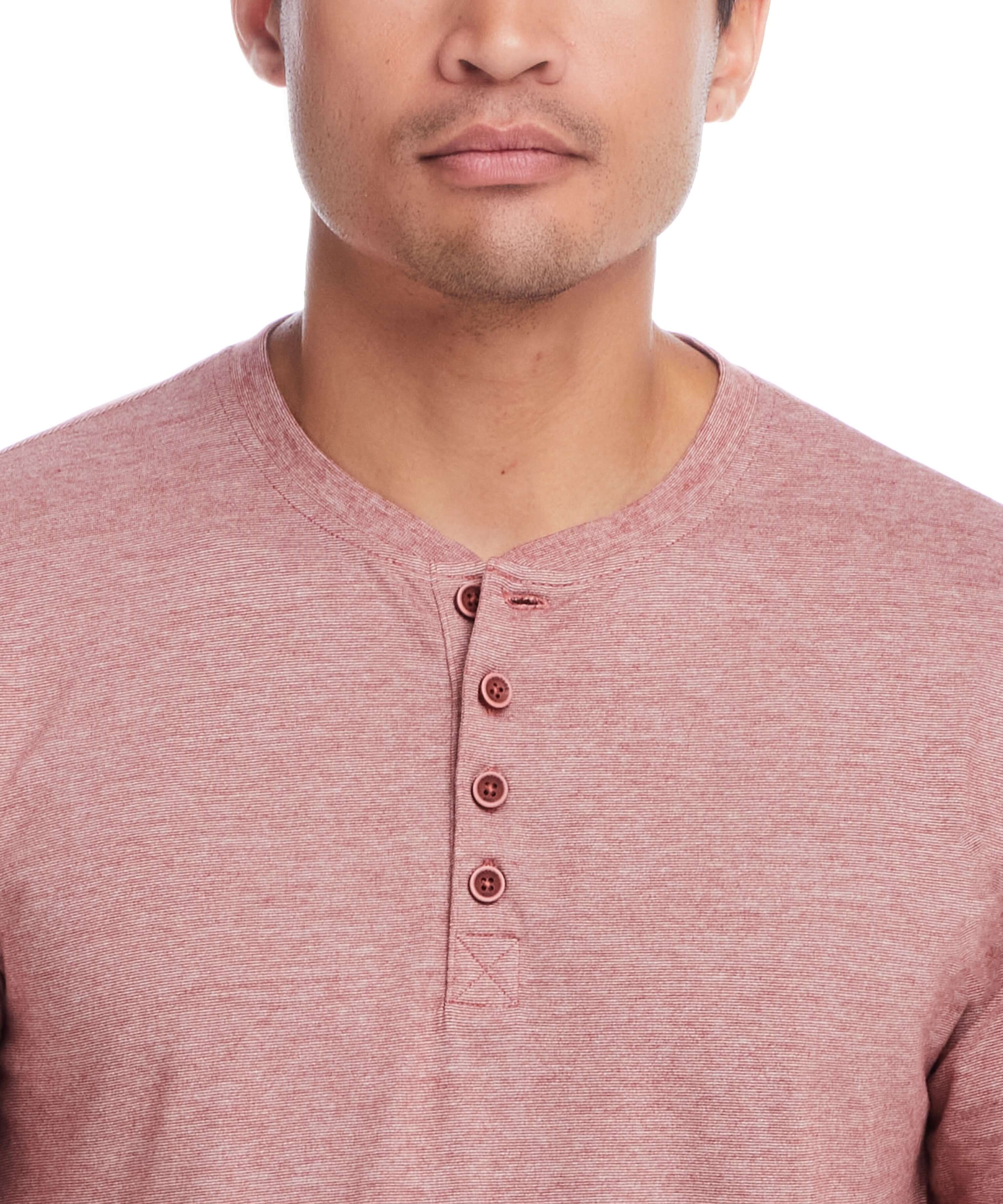 Microstripe Henley in Roasted Russet, featuring vintage detail buttons and side slits for modern comfort and style.