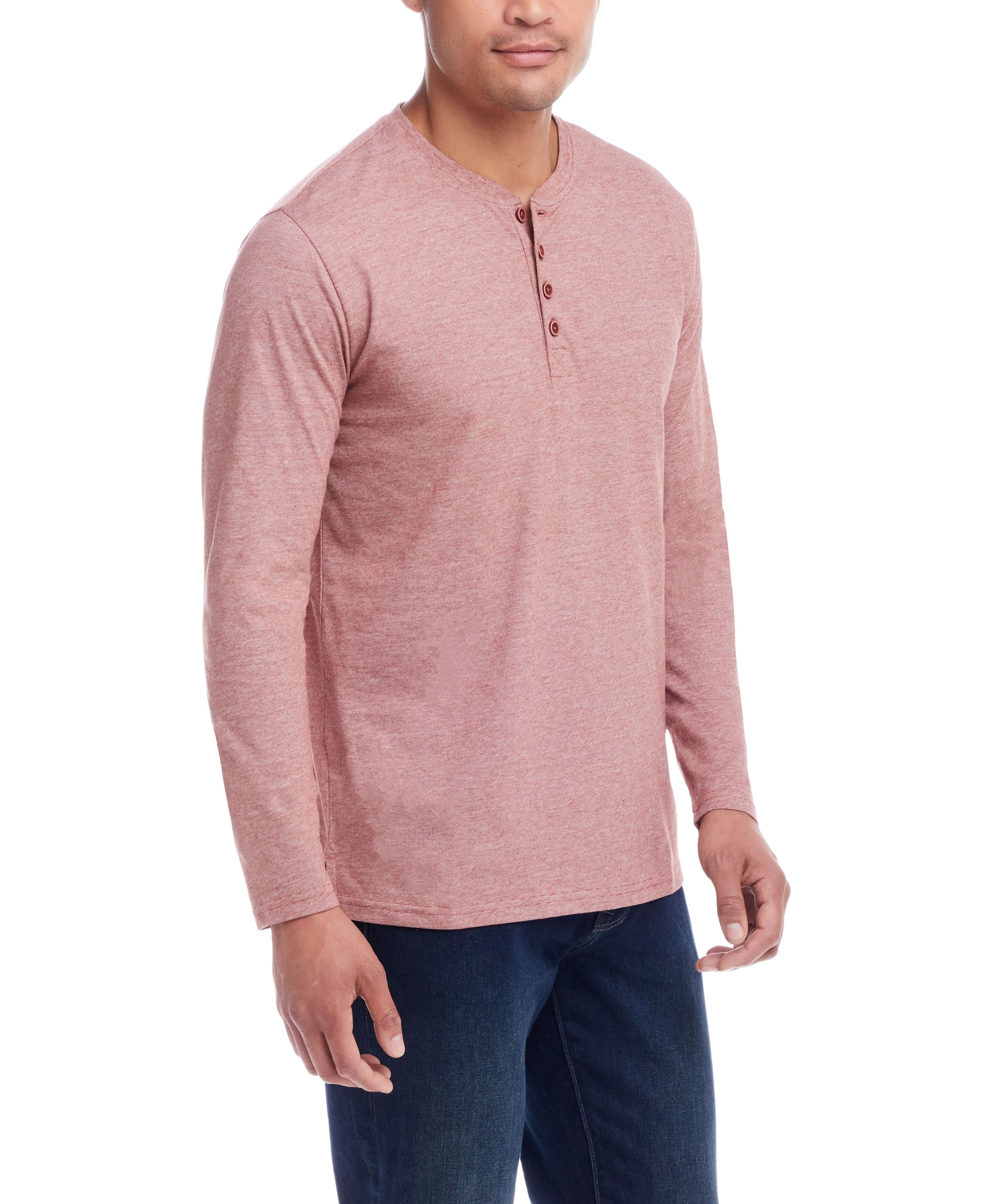 Microstripe Henley in Roasted Russet for men, featuring vintage detail buttons and side slits for modern comfort.