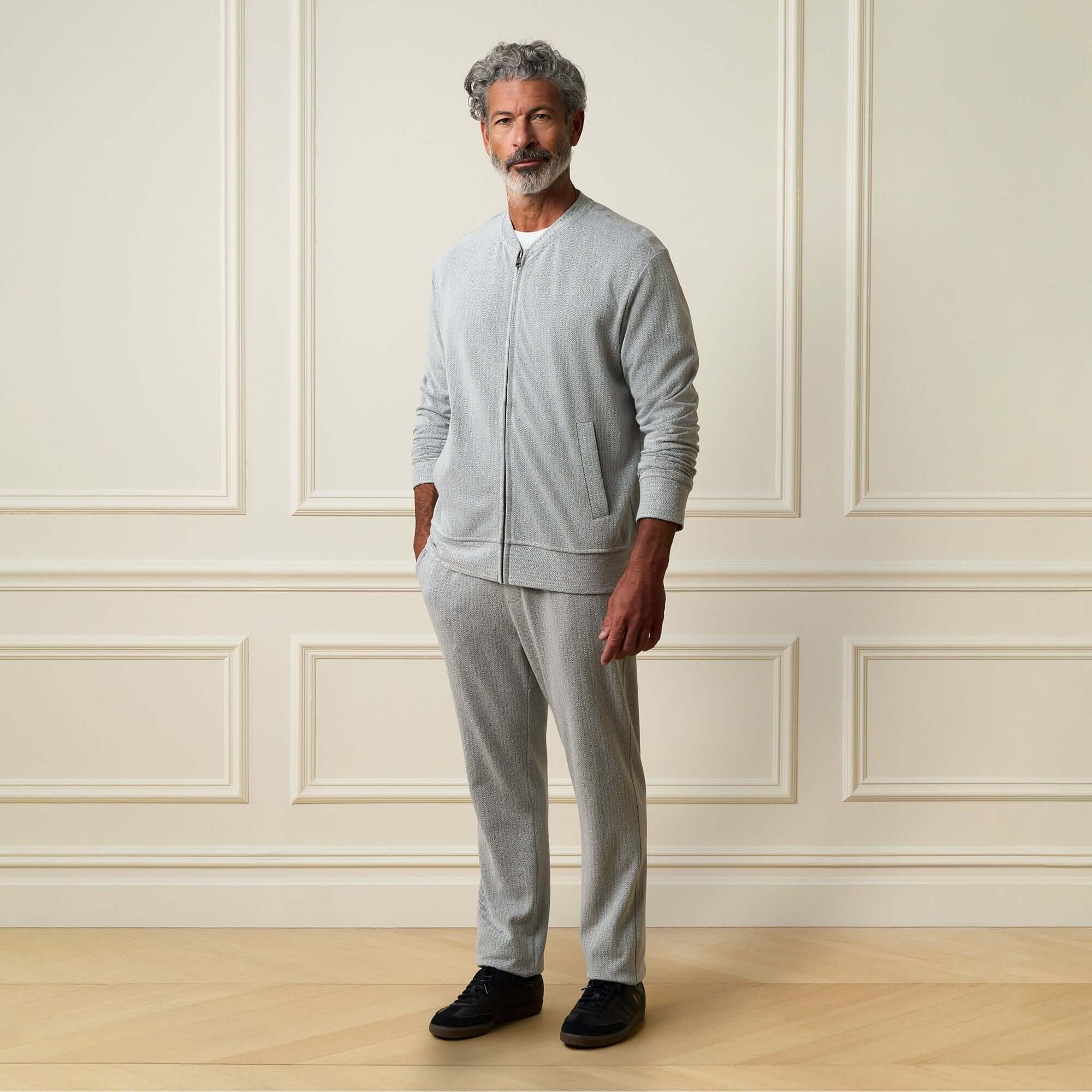 Mini Herringbone Drawstring Pant in Natural worn with matching bomber jacket, styled for a casual look.