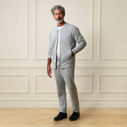 Mini Herringbone Drawstring Pant in Natural paired with matching bomber jacket, modeled by a man in a stylish setting.