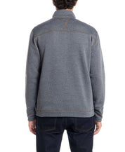 Back view of a man wearing a Mock Neck Sweater Fleece Pullover in Storm Blue, showcasing the soft sweaterfleece material.