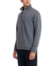 Mock Neck Sweater Fleece Pullover in Storm Blue worn by a model, showcasing its quarter-button front and relaxed fit.