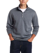 Mock Neck Sweater Fleece Pullover in Storm Blue worn by a model with hands in pockets.