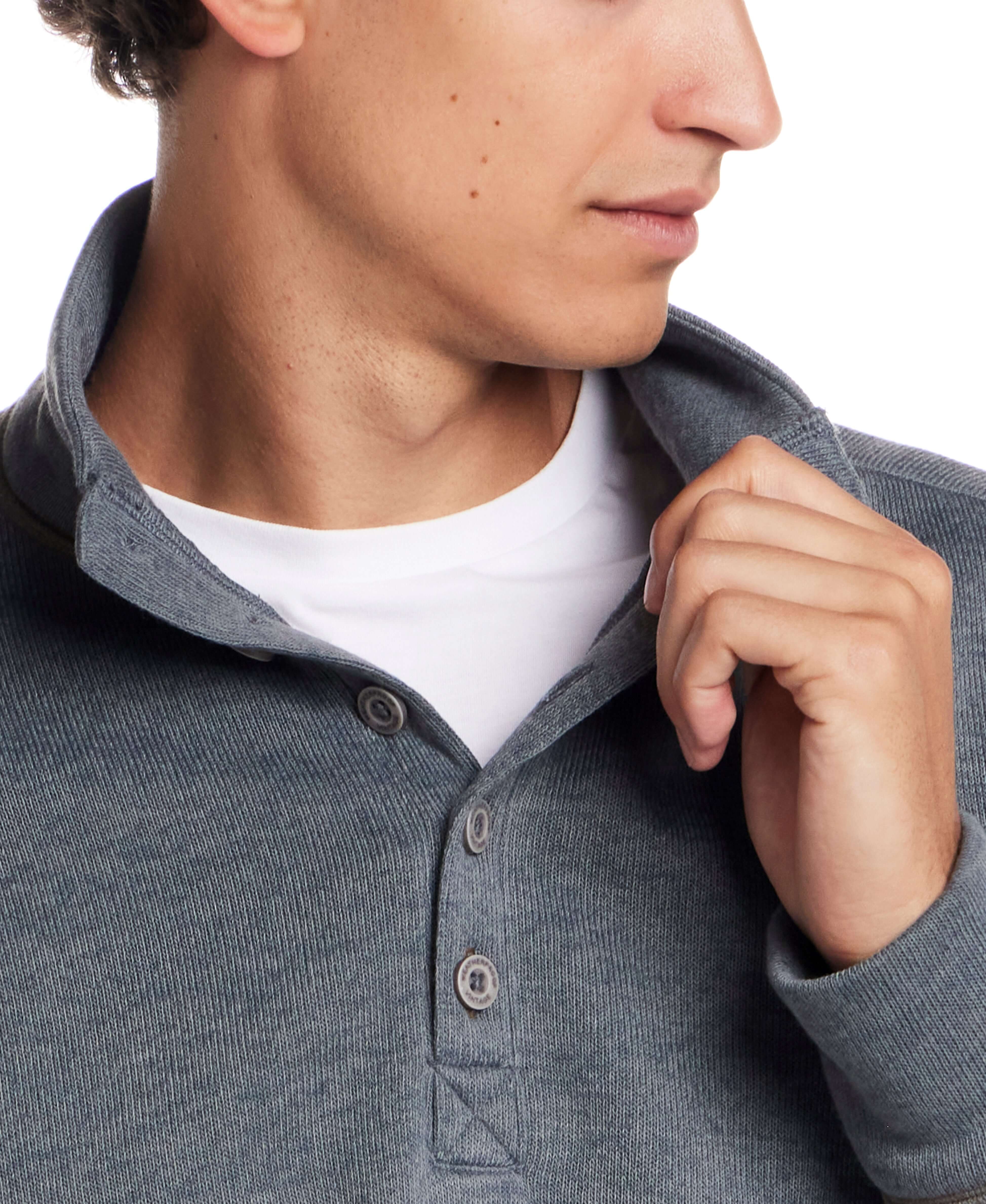 Mock Neck Sweater Fleece Pullover in Storm Blue featuring a quarter-button placket and structured mock neck.