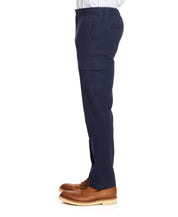 Navy cargo pants with stretch waist, side pockets, and cargo pocket, modeled for a comfortable fit.