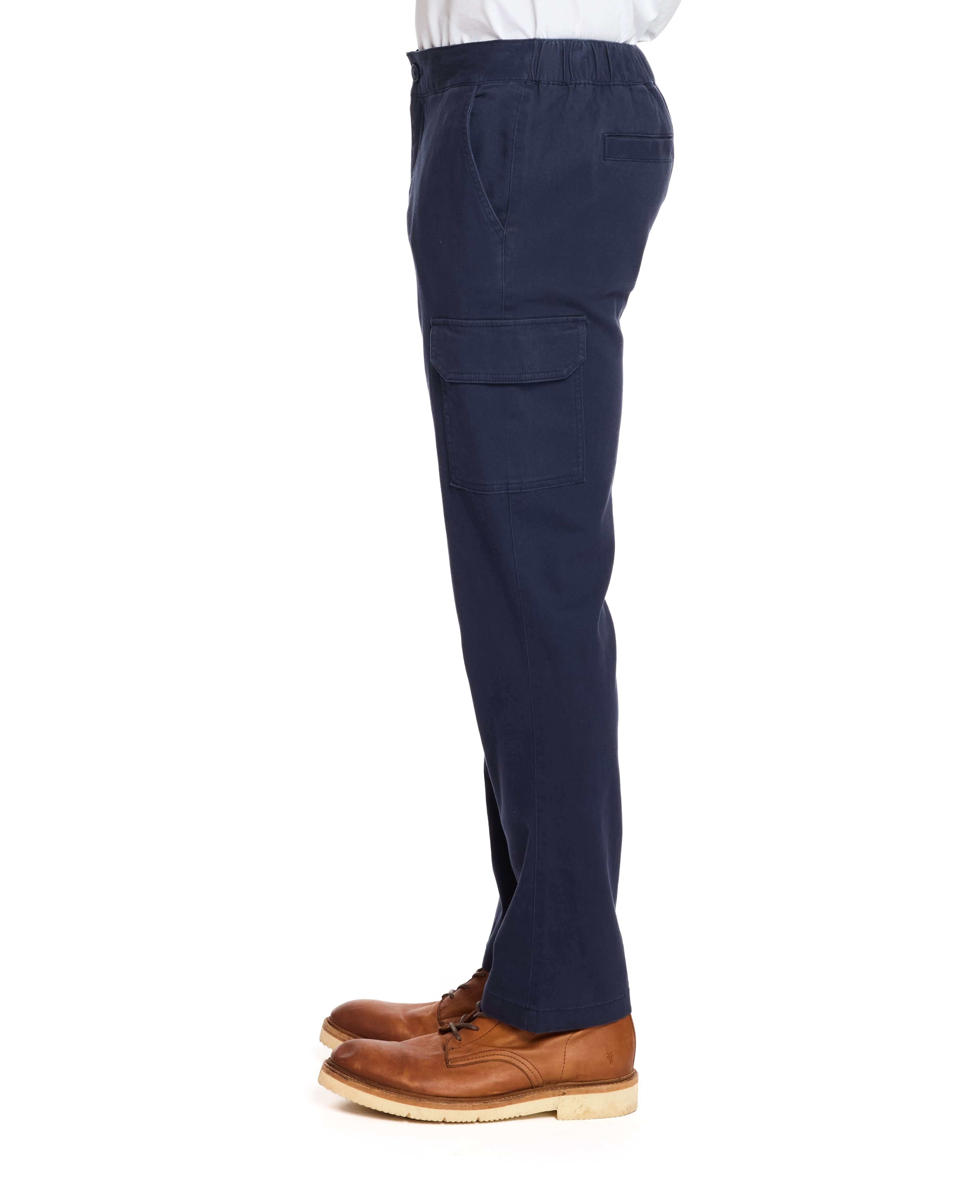Navy cargo pants with stretch waist, side pockets, and cargo pocket, modeled for a comfortable fit.