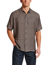 Model wearing a Petal Print Short-Sleeve Shirt featuring a subtle petal print pattern.