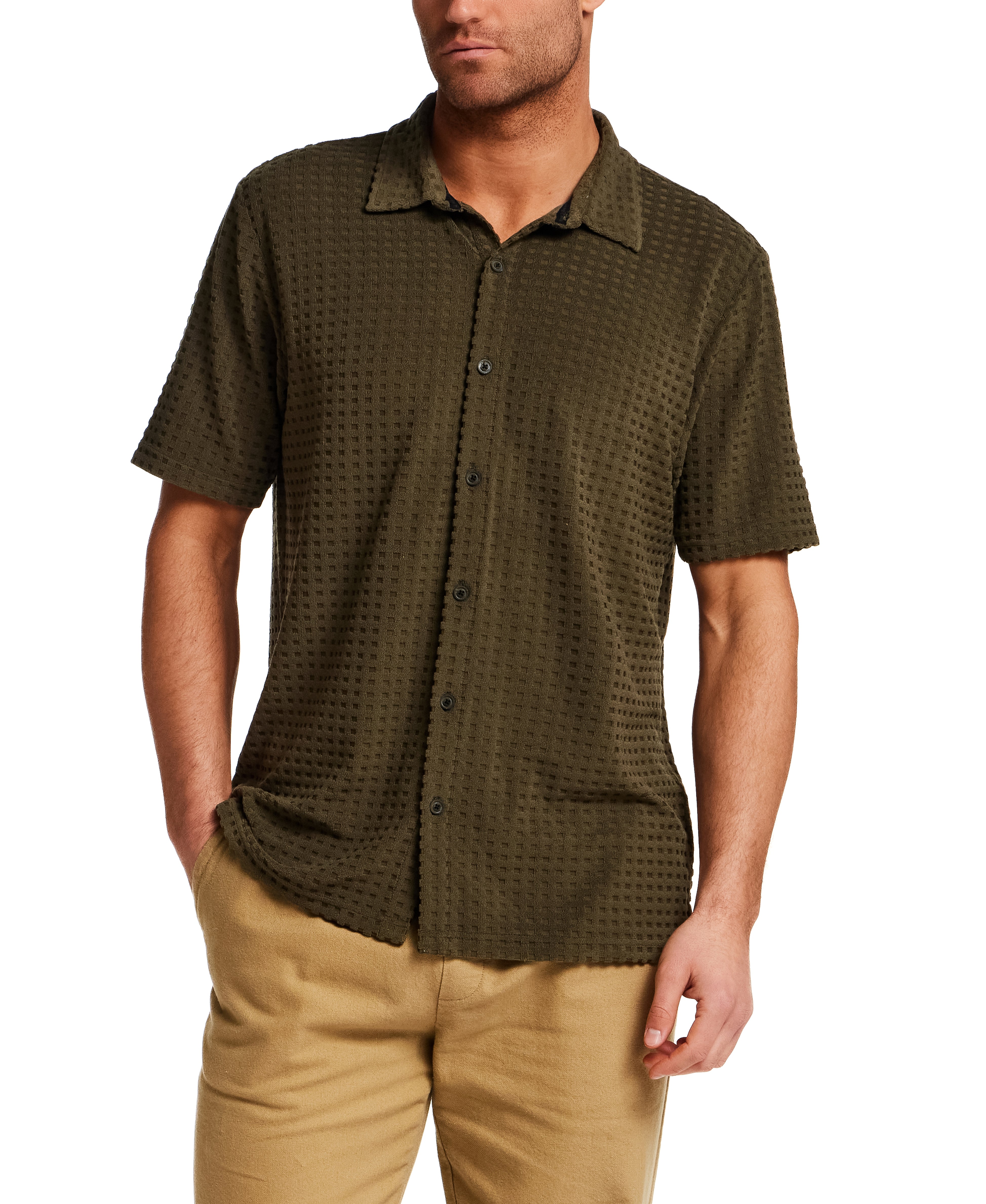 Textured Grid Knit Shirt in Olive